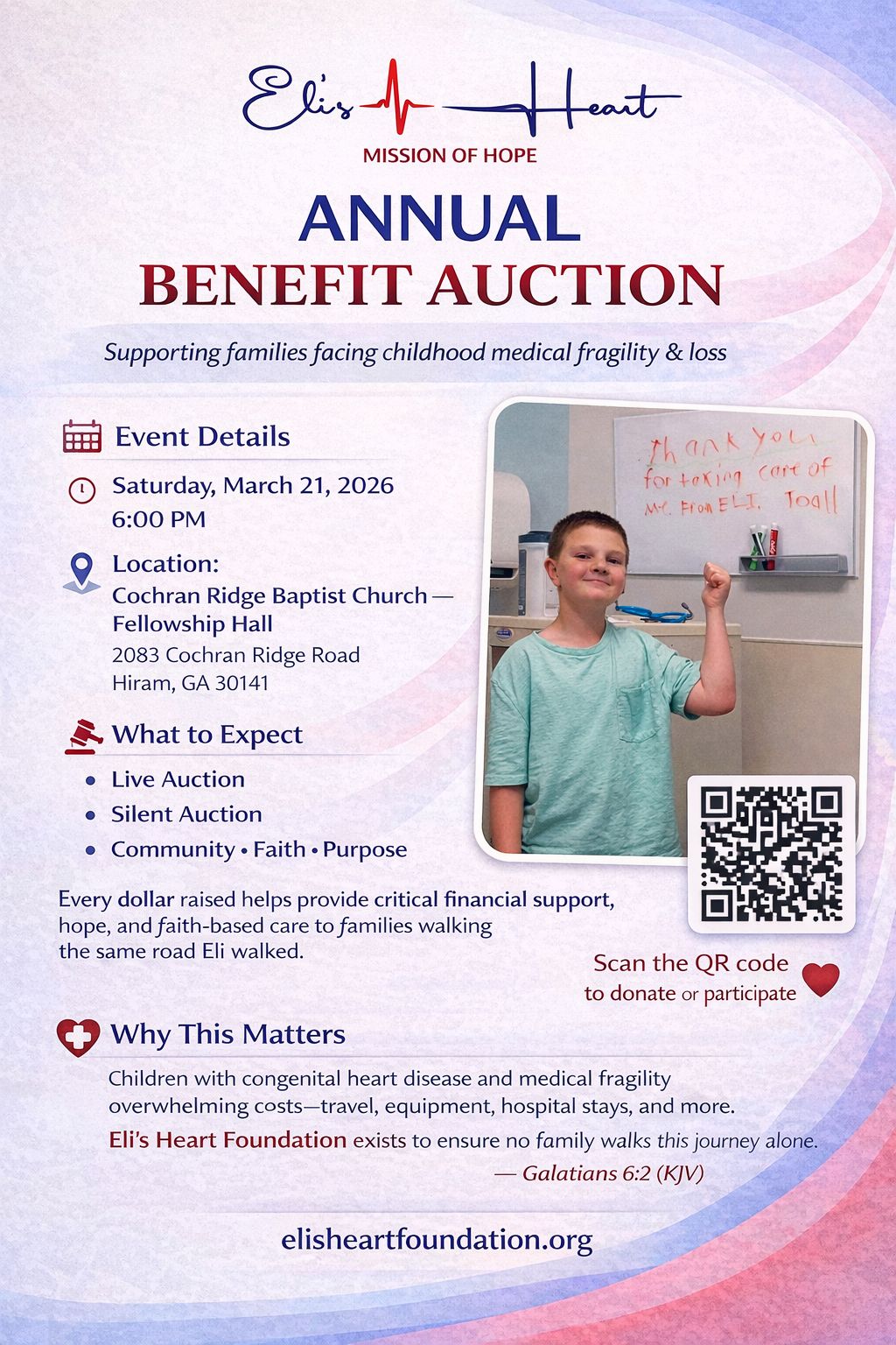An event flyer for the Eli's Heart Mission of Hope "Annual Benefit Auction" on Saturday, March 21, 2026, at Cochran Ridge Baptist Church. The flyer features a photo of a young boy named Eli flexing his arm next to a QR code for donations.